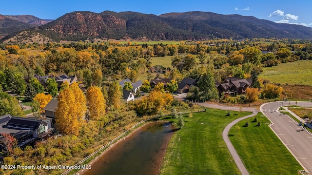 drone / aerial view featuring a mountain view