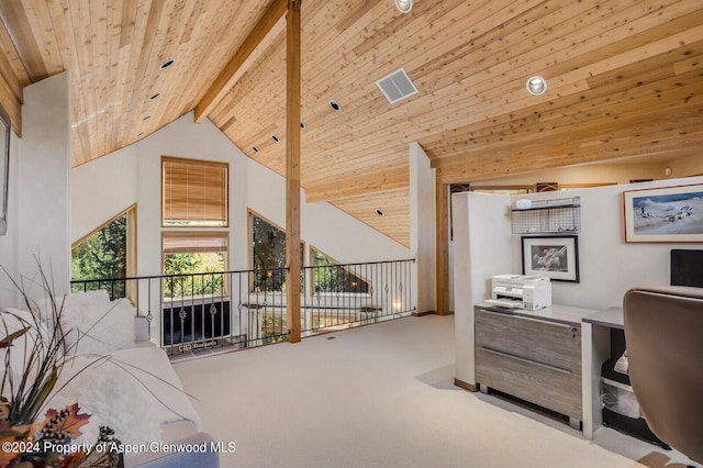 carpeted office space featuring beam ceiling, high vaulted ceiling, and wood ceiling