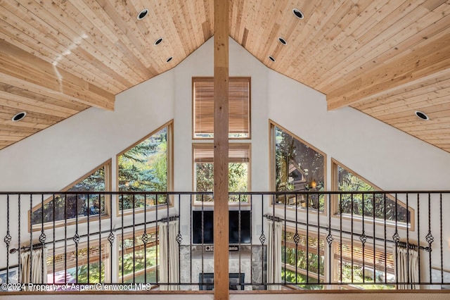 room details featuring beam ceiling and wooden ceiling