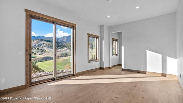 empty room featuring a mountain view and light wood-type flooring