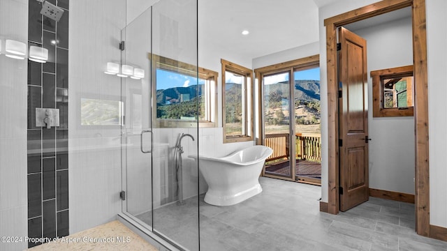 bathroom with a mountain view and plus walk in shower