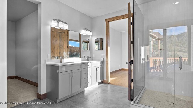 bathroom with a shower with door and vanity