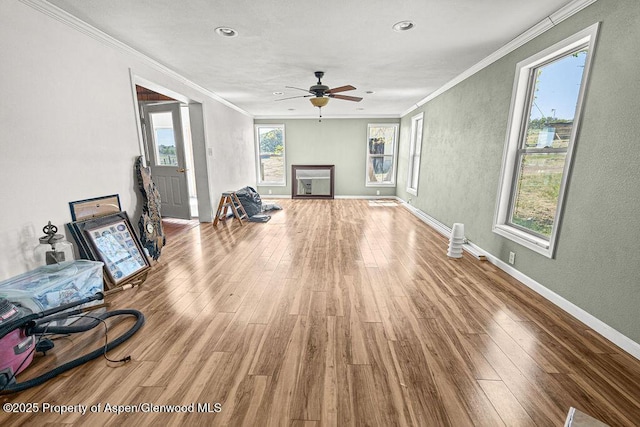 5990 County Road 7, Craig, CO 81625 - living area featuring wood finished floors, a fireplace, ornamental molding, a ceiling fan, and baseboards