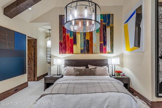 bedroom featuring lofted ceiling with beams, light colored carpet, and a notable chandelier