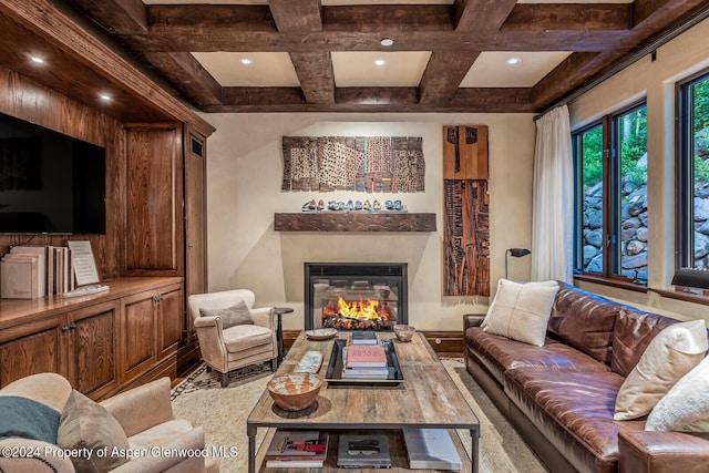 living room with beamed ceiling and coffered ceiling