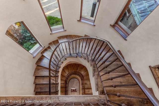 staircase featuring a towering ceiling