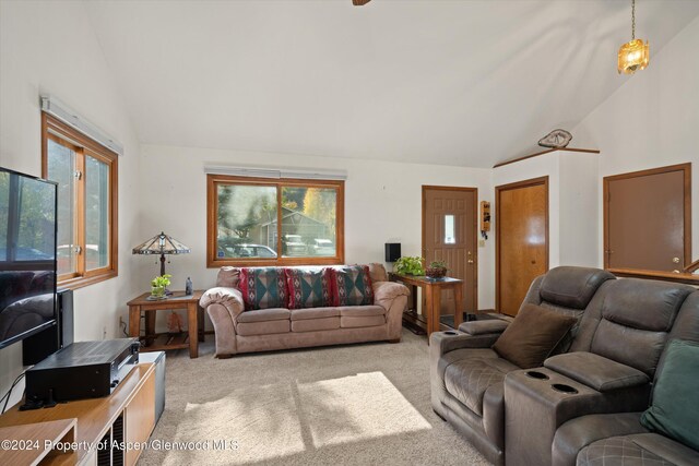 carpeted living room with lofted ceiling