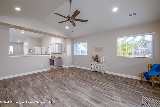 interior space featuring vaulted ceiling, hardwood / wood-style floors, and plenty of natural light