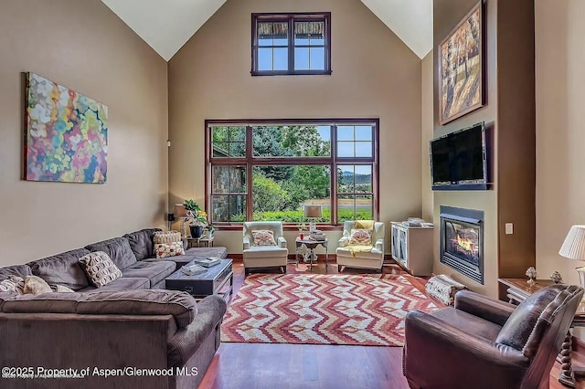 289 Sweetgrass Dr, Carbondale, CO 81623 - living room featuring high vaulted ceiling, a glass covered fireplace, and wood finished floors