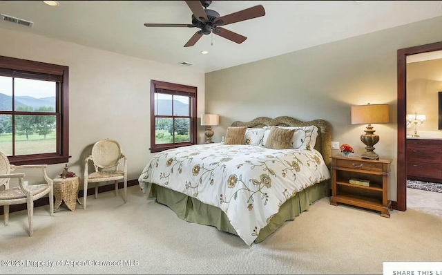 289 Sweetgrass Dr, Carbondale, CO 81623 - bedroom featuring recessed lighting, ceiling fan, visible vents, and light colored carpet