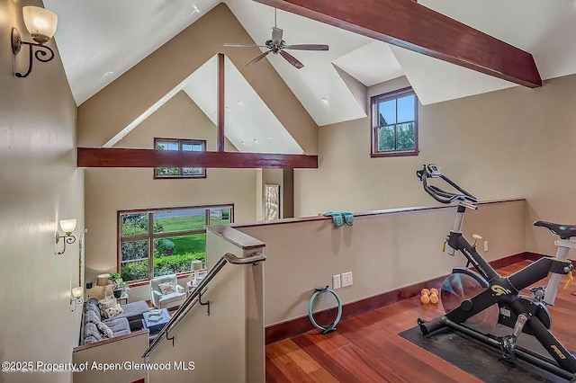 289 Sweetgrass Dr, Carbondale, CO 81623 - workout room featuring high vaulted ceiling, a ceiling fan, baseboards, and wood finished floors