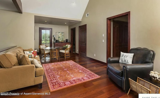 289 Sweetgrass Dr, Carbondale, CO 81623 - living room featuring high vaulted ceiling, baseboards, visible vents, and wood finished floors