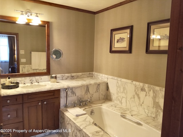 full bath featuring a bath, wallpapered walls, vanity, and ornamental molding