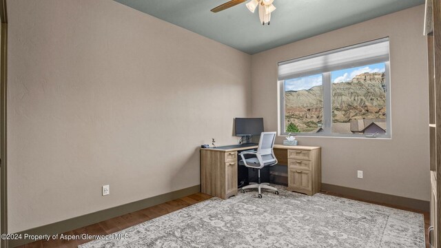 office area with light hardwood / wood-style flooring and ceiling fan