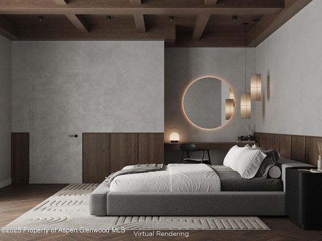 bedroom with parquet flooring, coffered ceiling, and beam ceiling