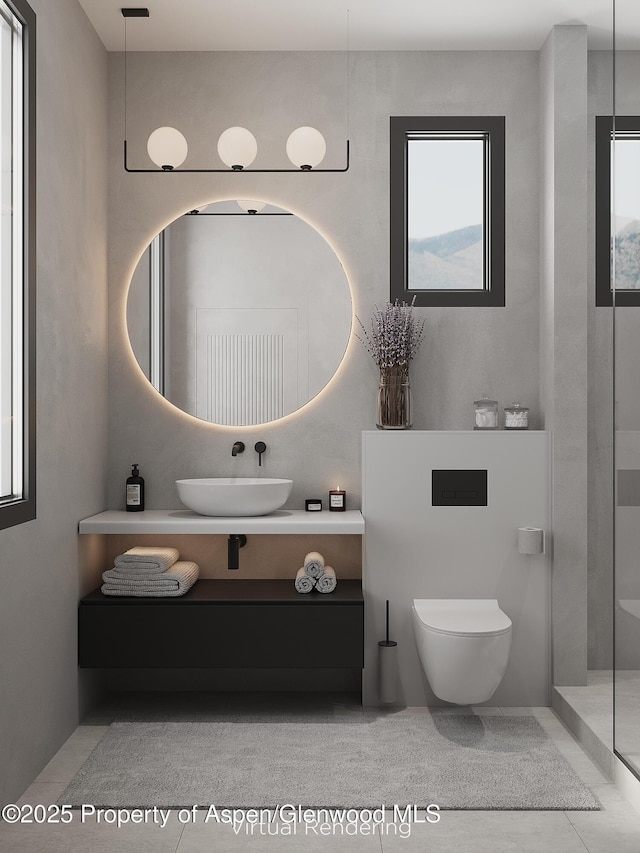 bathroom with a healthy amount of sunlight, vanity, toilet, and a shower