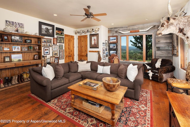 1432 Hooks Spur Rd, Basalt, CO 81621 - living room featuring hardwood / wood-style flooring, a ceiling fan, and recessed lighting