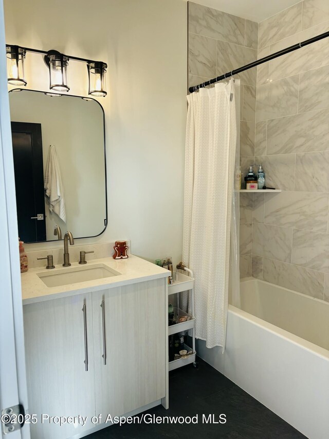 88 Green Mesa Pl, Parachute, CO 81635 - bathroom featuring shower / bathtub combination with curtain and vanity