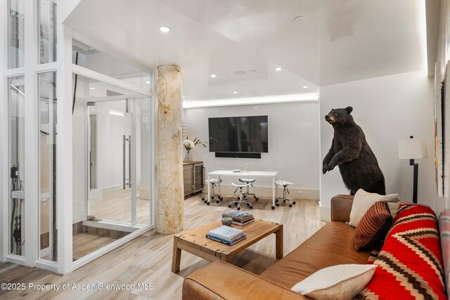 63 Smuggler Grove Rd, Aspen, CO 81611 - living room with wood finished floors and recessed lighting