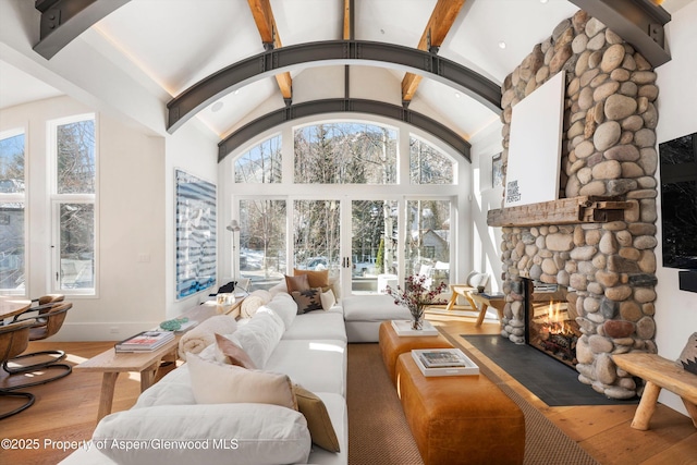 63 Smuggler Grove Rd, Aspen, CO 81611 - living room featuring a stone fireplace, wood finished floors, and healthy amount of natural light