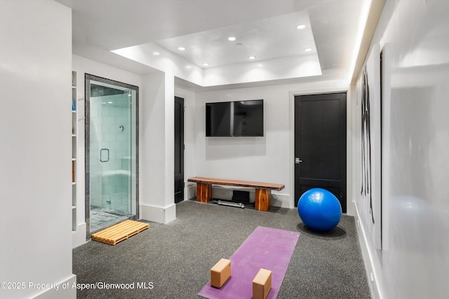 63 Smuggler Grove Rd, Aspen, CO 81611 - exercise room with a tray ceiling and recessed lighting