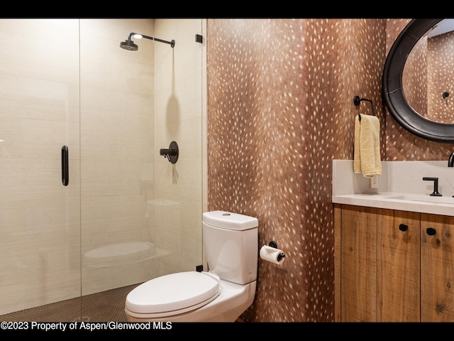 bathroom featuring vanity, toilet, and a shower with shower door