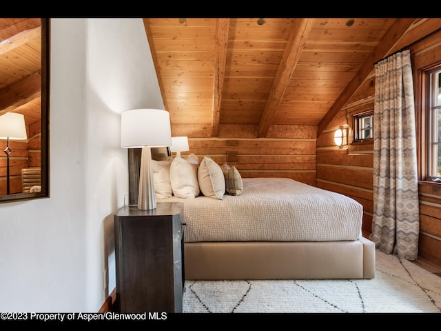 bedroom with lofted ceiling with beams, wooden walls, and wood ceiling