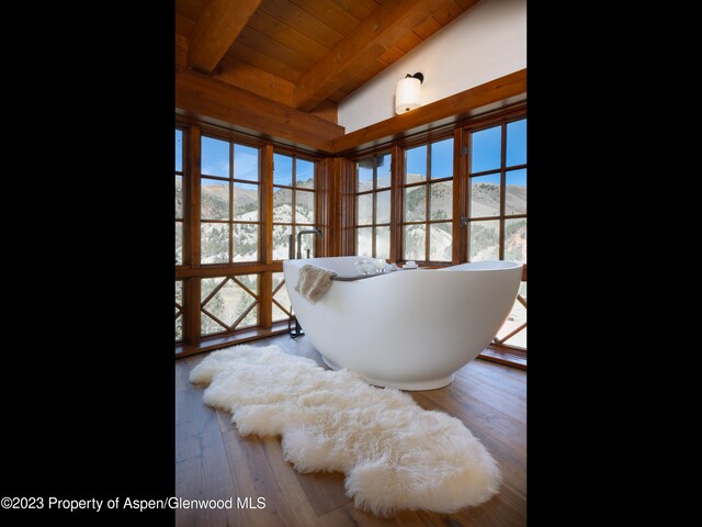 interior space featuring wood ceiling, a wealth of natural light, hardwood / wood-style floors, and lofted ceiling with beams