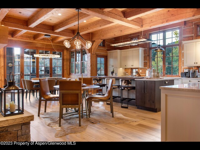 dining area featuring beam ceiling, a chandelier, light hardwood / wood-style flooring, and wood ceiling