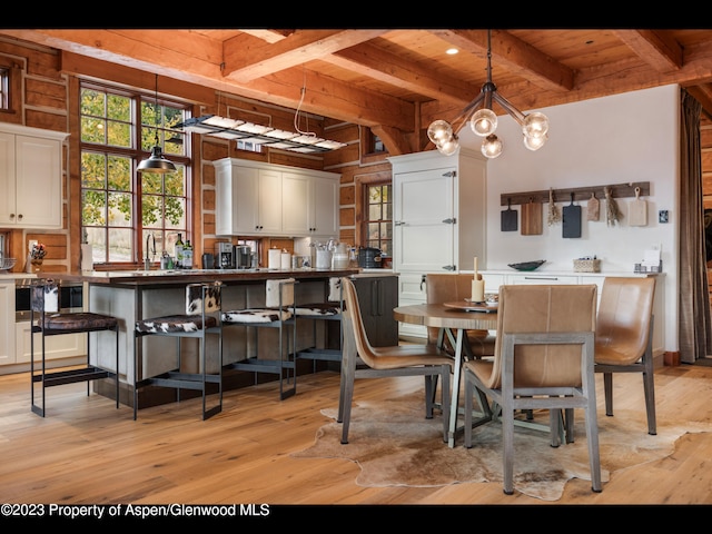 dining room with beamed ceiling, a notable chandelier, light hardwood / wood-style floors, and wooden ceiling