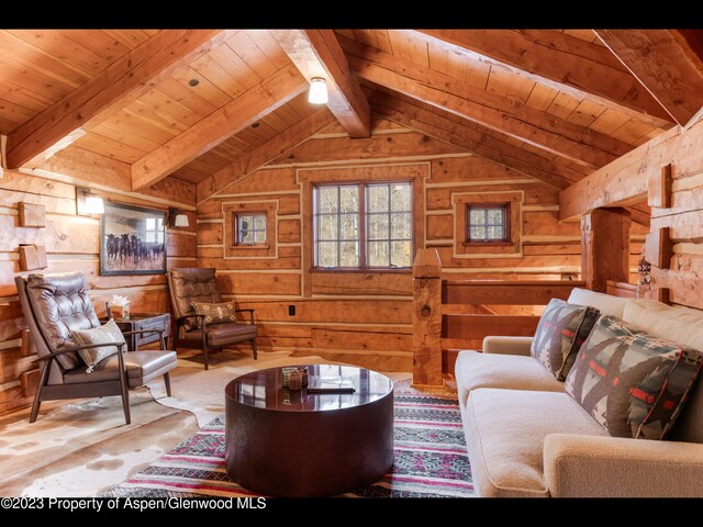 living room with wood walls, lofted ceiling with beams, and wooden ceiling