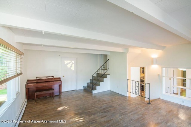 1105 Bennett Ave, Glenwood Springs, CO 81601 - interior space featuring beamed ceiling, baseboard heating, wood finished floors, and stairs
