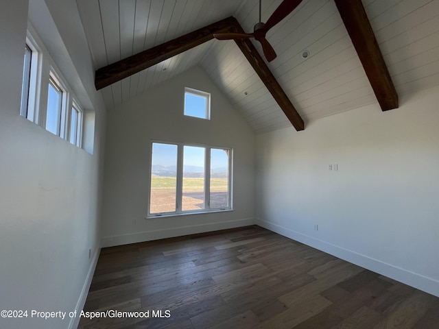 empty room with ceiling fan, dark wood-type flooring, beamed ceiling, and a healthy amount of sunlight