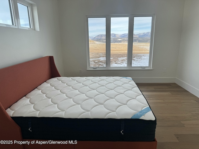 bedroom with a mountain view and hardwood / wood-style flooring