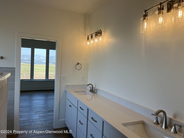 bathroom featuring a mountain view, hardwood / wood-style floors, and vanity