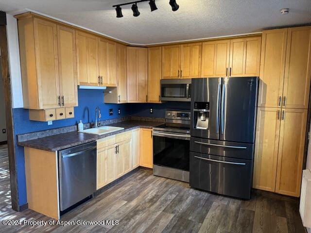 kitchen featuring dark wood-type flooring, radiator, sink, a textured ceiling, and stainless steel appliances