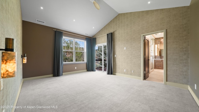 148 Laird Ln, Glenwood Springs, CO 81601 - unfurnished bedroom with carpet floors, high vaulted ceiling, connected bathroom, recessed lighting, and a ceiling fan