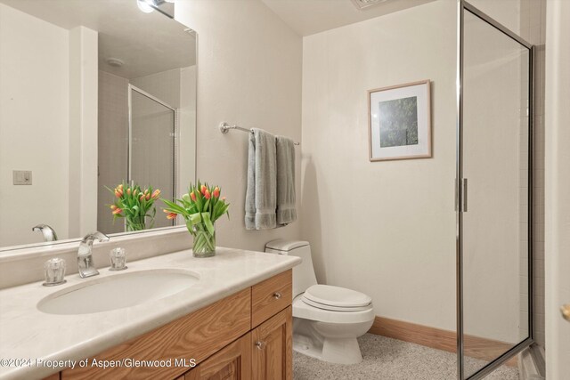 bathroom featuring vanity, toilet, and walk in shower