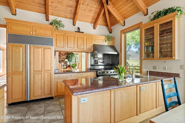 kitchen featuring sink, dark stone countertops, light tile patterned floors, wood ceiling, and high end appliances