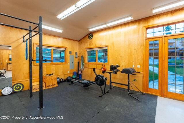 exercise area featuring electric panel, wood walls, and lofted ceiling