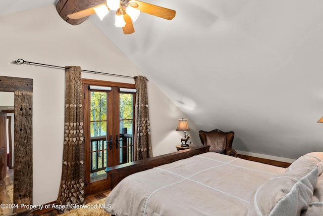 bedroom featuring ceiling fan, french doors, vaulted ceiling, and hardwood / wood-style flooring