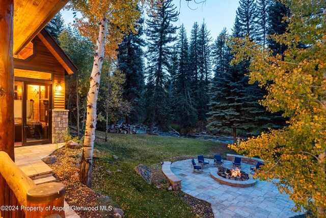 view of yard featuring a fire pit and a patio area