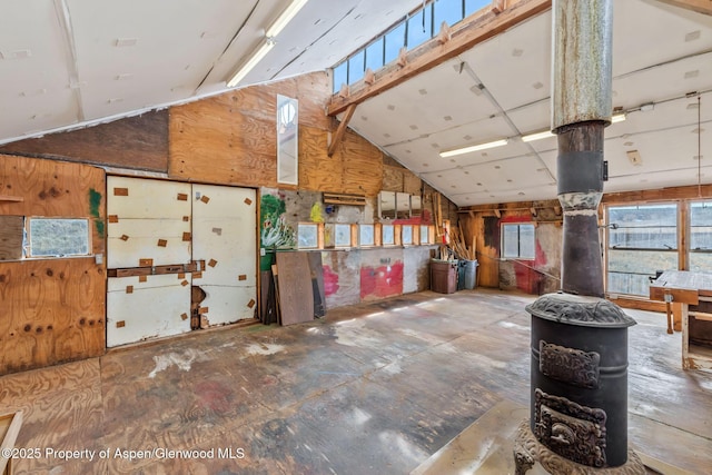 miscellaneous room featuring vaulted ceiling, wooden walls, and a wealth of natural light