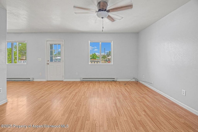 627 Lake St, Rangely, CO 81648 - spare room with a ceiling fan, light wood-style flooring, and a baseboard radiator