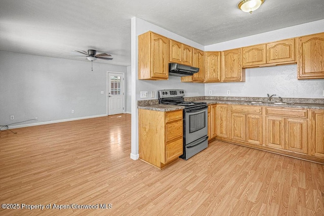 627 Lake St, Rangely, CO 81648 - kitchen with stainless steel range with electric stovetop, light wood-style floors, a ceiling fan, and under cabinet range hood