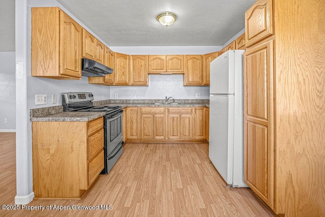 627 Lake St, Rangely, CO 81648 - kitchen featuring stainless steel range with electric cooktop, light wood-style floors, freestanding refrigerator, and under cabinet range hood