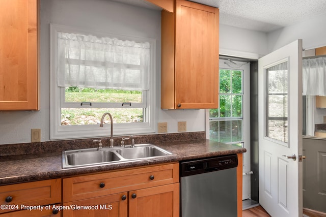 kitchen featuring a textured ceiling, stainless steel dishwasher, and sink