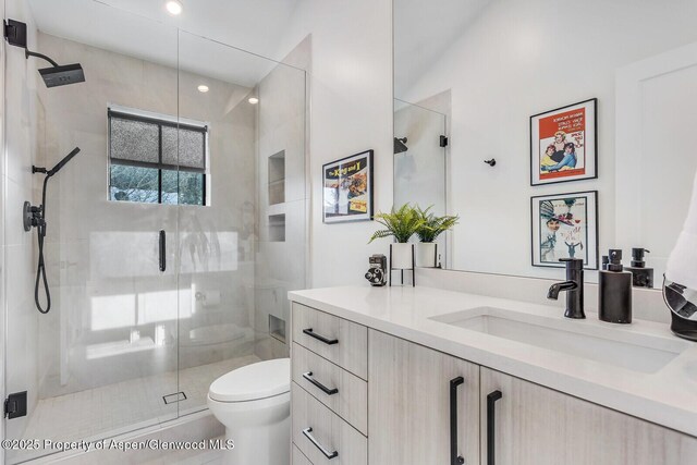 bathroom featuring vanity, vaulted ceiling, toilet, and a shower with shower door