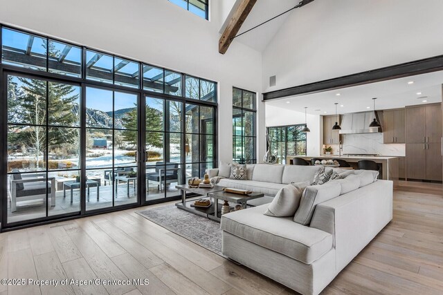 living room with beamed ceiling, a mountain view, light wood-type flooring, and a high ceiling