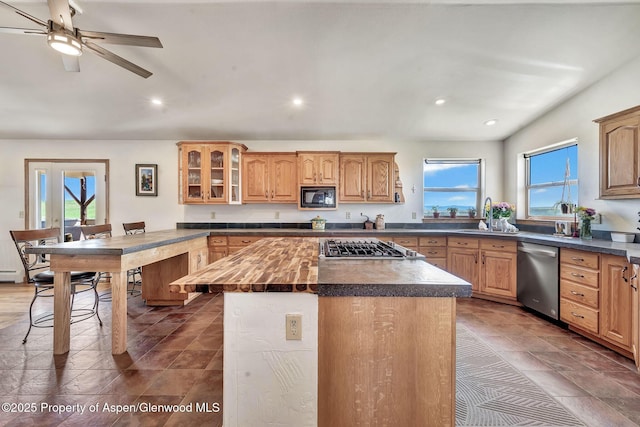 1210 County Road 103, Craig, CO 81625 - kitchen with appliances with stainless steel finishes, a sink, a center island, glass insert cabinets, and ceiling fan